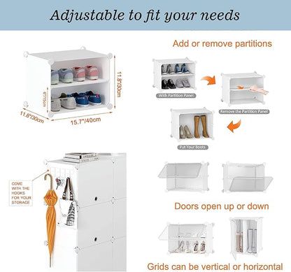 Patented Shoe Racks Organizers Shelves, Floor-Standing, Wall Hanging, Sturdy and extendable. Easy DIY Assembly, for Door Entrance, Closet, and Workplace (2x8Grid, Translucent)