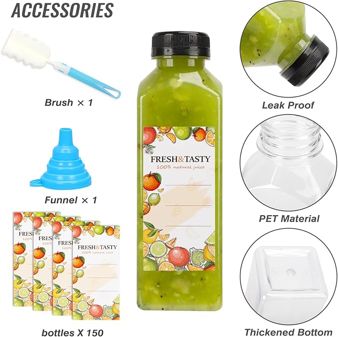 TOMNK 150pcs Juice Bottles, 16oz Reusable Plastic Juice Bottles with Caps and Labels, Funnel, Brush Beverage Containers for Juicing, Smoothies, Tea, Milk