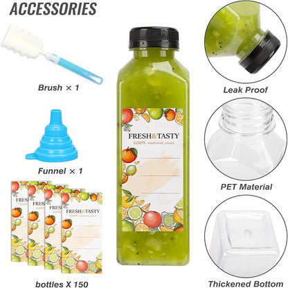 TOMNK 150pcs Juice Bottles, 16oz Reusable Plastic Juice Bottles with Caps and Labels, Funnel, Brush Beverage Containers for Juicing, Smoothies, Tea, Milk