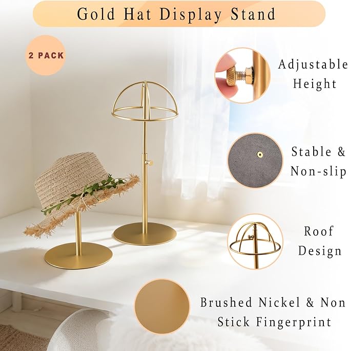 Hat Display Stand 2PCS Stainless Steel Brushed Nickel Titanium Hat Stand Metal Golden Adjustable Height Cap Rack Showcase Fingerprint Resistant for Home Boutique Retail Store