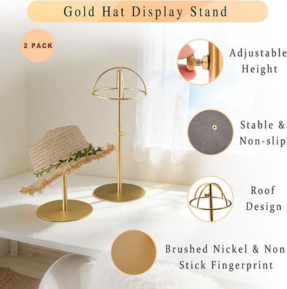 Hat Display Stand 2PCS Stainless Steel Brushed Nickel Titanium Hat Stand Metal Golden Adjustable Height Cap Rack Showcase Fingerprint Resistant for Home Boutique Retail Store