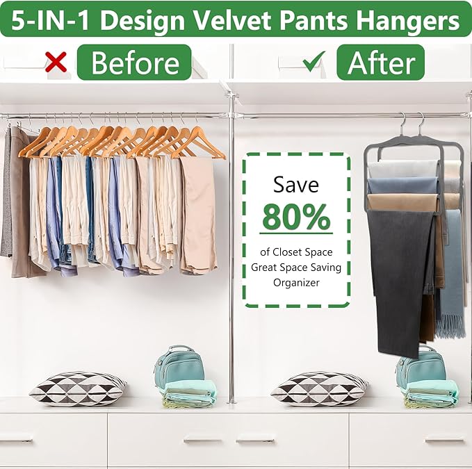 Closet Organizers and Storage,Pants Hangers Space Saving,Velvet Hanger for Organization and Storage,Dorm Room Essentials for College Students Girls,Home Organization Scarf Jeans Hangers-2 Pack