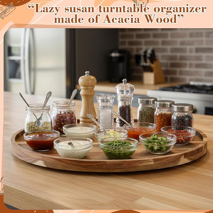 20'' Wood Lazy Susan for Countertop Acacia Large Turntable Rotating Serving Tray for Table Top Non Skid Kitchen Tray Revolving Condiment Spice Rack Table Organization Storage, Natural