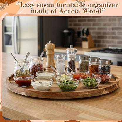 20'' Wood Lazy Susan for Countertop Acacia Large Turntable Rotating Serving Tray for Table Top Non Skid Kitchen Tray Revolving Condiment Spice Rack Table Organization Storage, Natural