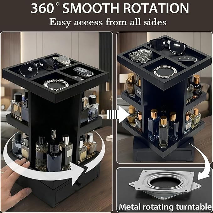 4-Tier Rotating Cologne Organizer with Drawer for Men, Large Capacity Perfume Organizer, Mens Gifts & Desktop Accessories Stand - Spacious for Bottles & Men's Essentials Storage, Modern Black
