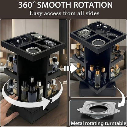 4-Tier Rotating Cologne Organizer with Drawer for Men, Large Capacity Perfume Organizer, Mens Gifts & Desktop Accessories Stand - Spacious for Bottles & Men's Essentials Storage, Modern Black