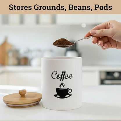 Ceramic Coffee Canister - 12 oz White Airtight Canister - 5 x 6 inch Coffee Bean Storage Container - Stylish Countertop Container for Grounds, Beans, Pods & More with Rubber-Lined Bamboo Lid