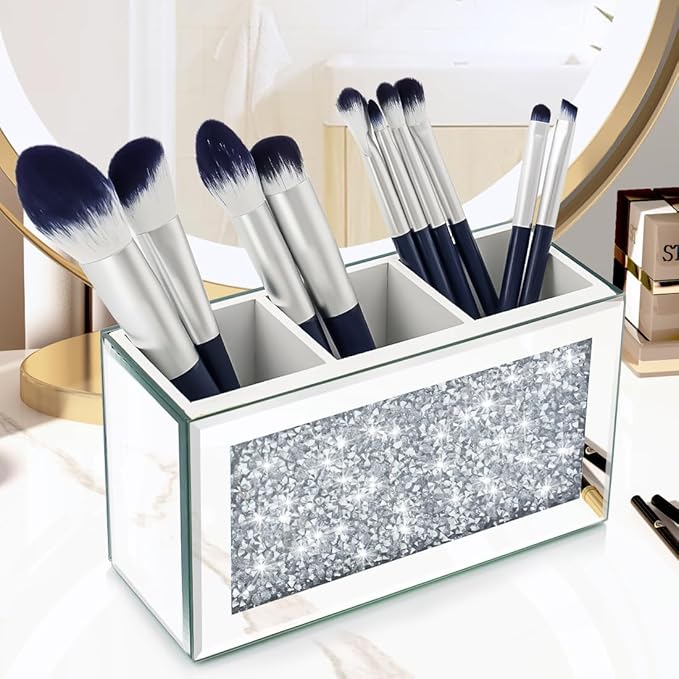 Mirrored Makeup Brush Holder Organizer, 3 Compartments Cosmetic Brush Storage Holders, Crushed Diamond Remote control holder, Pen and Pencil Holder for Desk, Eyeliners Display Case for Vanity