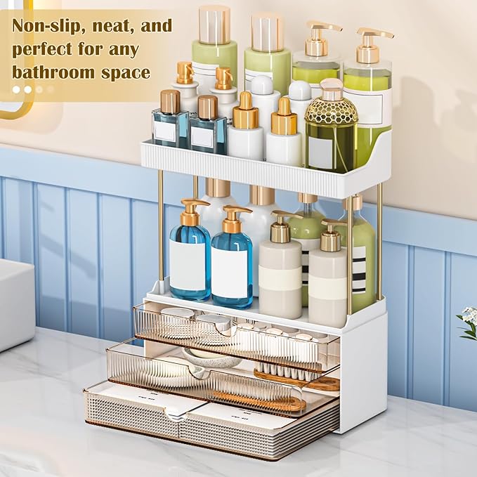 caktraie Bathroom Organizers and Storage - 3 Drawers 2 Tier Makeup Organizer, Cosmetic Storage Drawer for Dresser Countertop and Bathroom Vanity for Large Skincare, Perfume, Amber