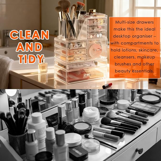 OTYMIOW 3 Tier Clear Acrylic Makeup Organizer Countertop with Brush Holder and 9 Drawers, Bathrooms, Stackable Large Makeup Organizer for Store Skincare, Brushes, Hair Accessories