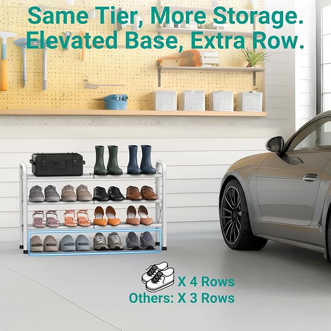 YEASHEIN 3-Tier Expandable Shoe Rack for Closet Floor, X-Frame Metal Small Shoe Rack for Entryway, Adjustable Shoe Shelf Organizer, Free Standing Shoe Racks for Front Door Entrance, Garage - White