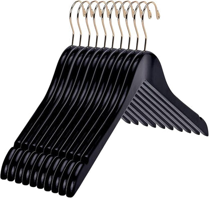 Quality Black Semi Curved Wooden Suit Hangers, 10-Pack Smooth Finish Solid Wood Coat Hanger with Swivel Hook, Jacket, Pant, Dress Clothes Hangers (Black - Gold Hook, 10)