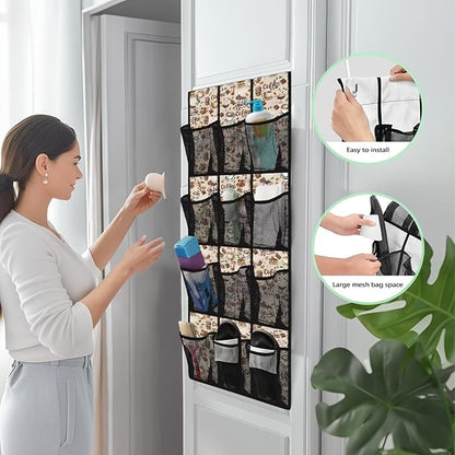 12-Compartment Over The Door Hanging Storage Bag, Waterproof Dirt-Resistant and Easy to Fold for Compact Storage, Coffee Print