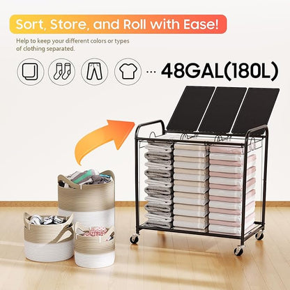 180L (47.55 Gal) Laundry Sorter 3 Section, Rolling Laundry Basket with Lockable Wheels and Lid, Laundry Hamper with 3 Separated Removable Bags Dirty Clothes Hamper for Laundry Room Organizer, Black