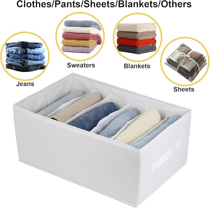 Fordonral Extra Large Clothes Closet Organizer 6 Compartments for Jean Sweater Sheets to Shirt - Divided Clothing Storage Boxes for Closet, Wordrobe, Bedroom, Shelf (4pc White)