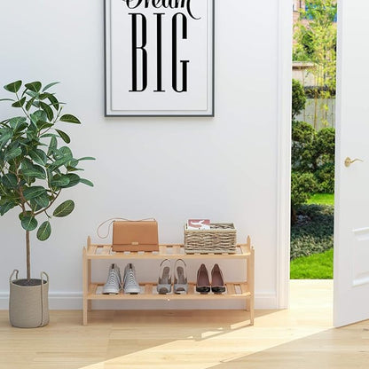 Dranixly Shoe Rack, 2-Tier Bamboo Stackable Shelf Storage Organizer, Stand for Closet, Entryway, Hallway, Bathroom and Living Room（Natural）
