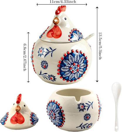 Ceramic Salt Cellar with Lid and Spoon 13oz Large Chicken Rooster Cookie Jar Salt Containers Holder for Counter, Coffee, Sugar, Spices and Candies Holder Ideal for Easter Day Home Kitchen Decor (Blue)