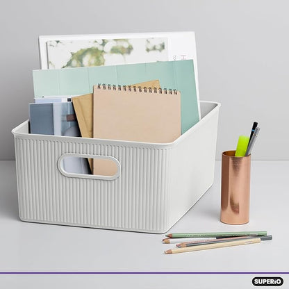 Decorative Plastic Basket Lidded Home Storage Bins Organizer Baskets, Large White (1 Pack - 15 Liter) Stackable Container Box, for Organizing Closet Storage Bins for Shelves - Ribbed Collection