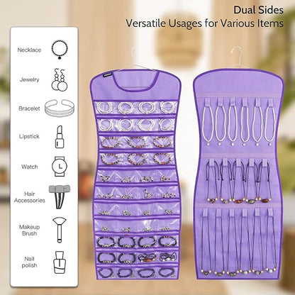 Dual sided Jewelry Hanging Organizer Closet Necklace Holder for Earrings Bracelets Rings with 42 Clear Pockets and 17 Hook Loops (Purple