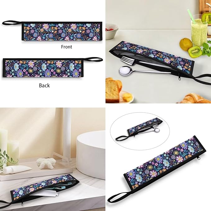 COEQINE Blue Retro Flower Large Utensil Holder Storage Case for Fork Spoon Knife Organizer Outdoor,Retro Lotus Floral Portable Travel Accessories Silverware Case for Lunch Box