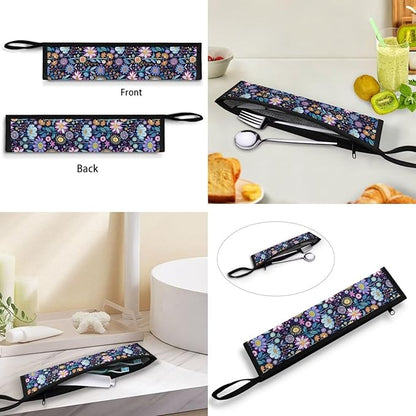 COEQINE Blue Retro Flower Large Utensil Holder Storage Case for Fork Spoon Knife Organizer Outdoor,Retro Lotus Floral Portable Travel Accessories Silverware Case for Lunch Box