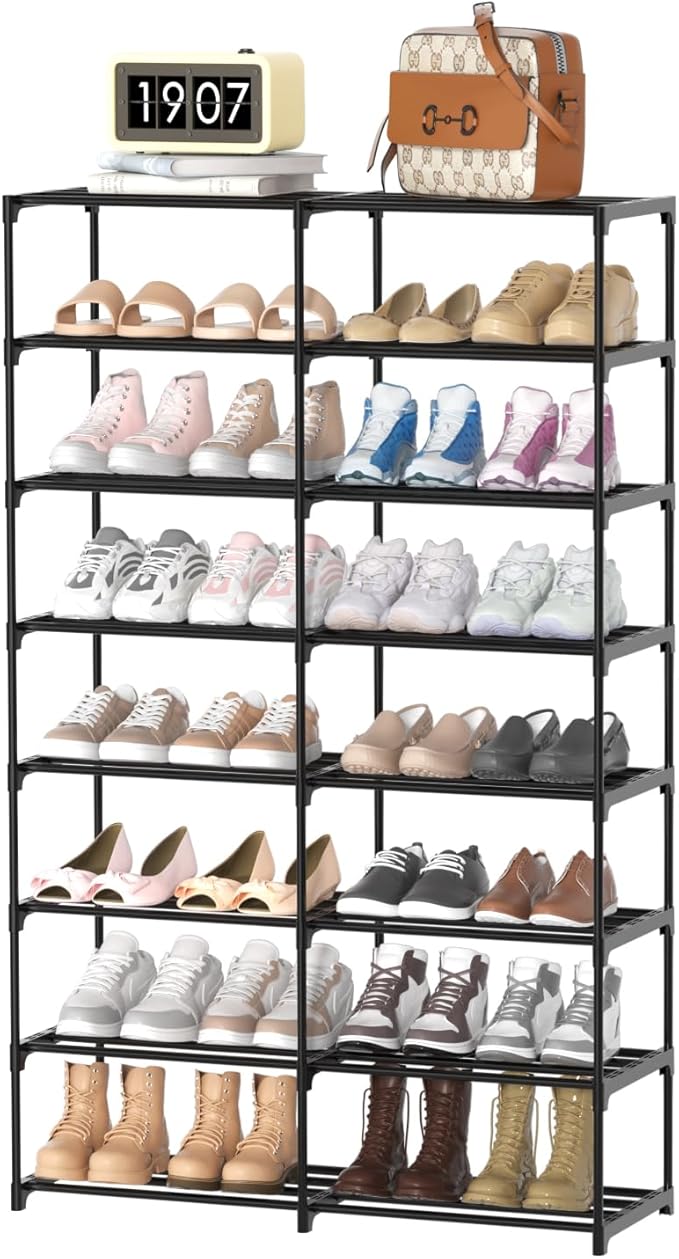 Large Shoe Rack Organizer, 2-Row 8-Tier Tall Shoe Storage Shelf for Closet, Entryway, Garage, Metal Free Standing Shoe Holder for 28-32 Pairs Shoes, Sturdy Stackable Shoe Stand for Bedroom