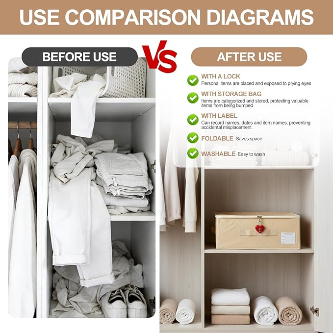 2-pack Discreet Toy Storage Box with Lock Toy Bag Fabric lockable storage bin with Handles, foldable, with Zipper lid/handle/label,locking Storage Box for Women and Men (2, red lock, small)
