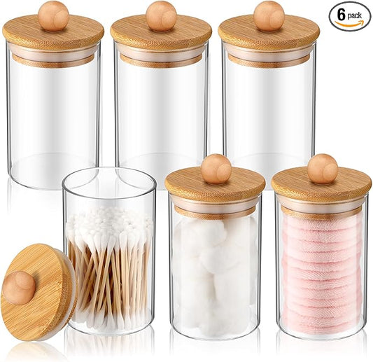 6 Pack Glass Apothecary Jars with Lids Bamboo Bathroom Accessories Cotton Balls Pads Swabs Holder Jar Bathroom Canisters for Vanity Accessories Storage