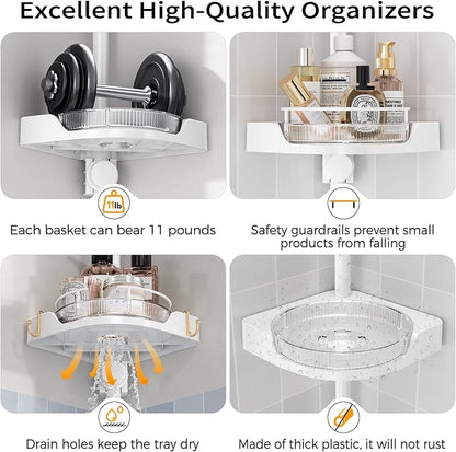 shuang qing 360° Rotating Corner Shower Caddy Tension Pole Organizer - 4-Tier Adjustable Rustproof Metal Pole, Plastic Shelves with Safety Guardrail, Bathroom Storage for Shower & Bathtub(White)