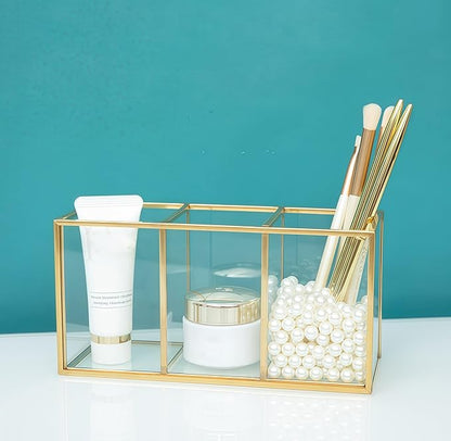 JIARI Gold 3-Compartment Desktop Organizer, Transparent Glass Makeup Brush Holder, 7.08x3.54x2.75 Inches Storage for Home Office and School Items (Gold-3 Slot)