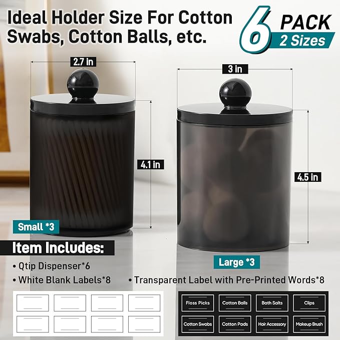 6 Pack Acrylic Qtip Holder Dispenser for Cotton Swabs, Balls, Pads, Floss Picks- Clear Plastic Canister Apothecary Jar Set, Bathroom Essentials Accessories Decor Vanity Makeup Storage Organizer -Black