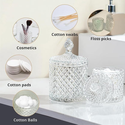 R FLORY 2 Pack Qtip Holder Glass Apothecary Jars with Lids Bathroom Storage Organizer for Cotton Swabs, Balls, Pads, Floss Picks, Vanity Storage Containers for Makeup, Candy, Jewelry (10+24oz, Clear)