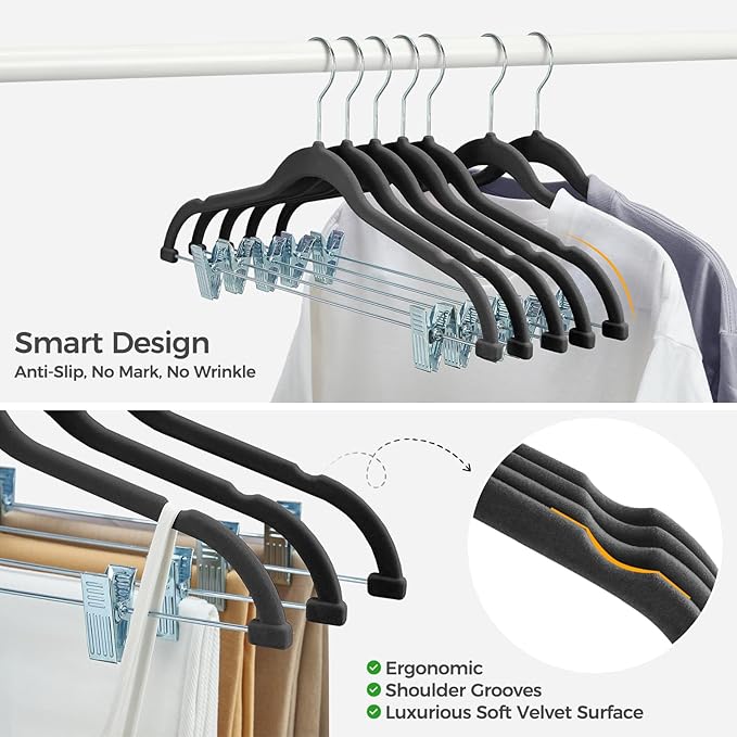 HOUSE DAY Velvet Hangers with Adjustable Clips 10 Pack, Non-Slip Suit Organizer with 360° Hook - Heavy Duty Hanger for Pants, Skirts, Blouses, Dresses - Outfit Hangers All-Season Space Saver (Black)