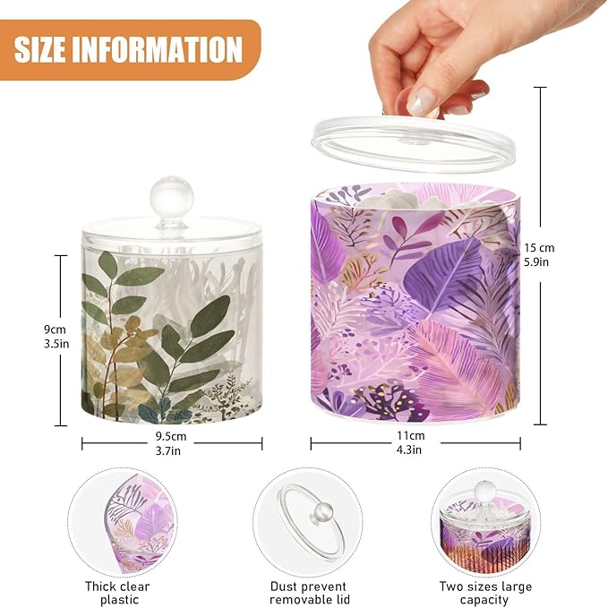 2 Pack Qtip Dispenser Apothecary Jars with Lids Cotton Round Holder Bathroom Canisters for Cotton Swab Floss Ball Pads Clear Plastic Decorative Purple and Beige Boho Leaves