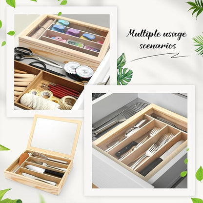 Baderke Silverware Storage Box with Lid Kitchen Drawer Organizer Utensil Organizer with Lid 5 Slots Wooden Silverware Storage Case Silverware Container Tray for Kitchen Cutlery Countertop