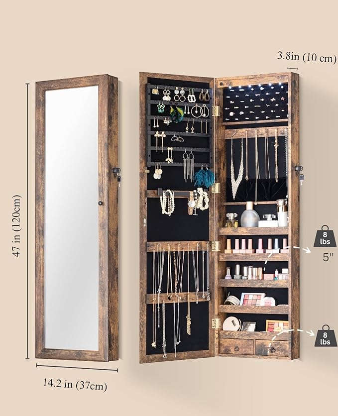 BTEXPERT 47" Mirror Jewelry Cabinet Armoire with 6 LED Lights, Large Full Length Jewelry Organizer with Storage, Wall-Mounted or Door-Hanging Mirror Cabinet, Rustic Brown,Lock Key