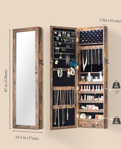 BTEXPERT 47" Mirror Jewelry Cabinet Armoire with 6 LED Lights, Large Full Length Jewelry Organizer with Storage, Wall-Mounted or Door-Hanging Mirror Cabinet, Rustic Brown,Lock Key