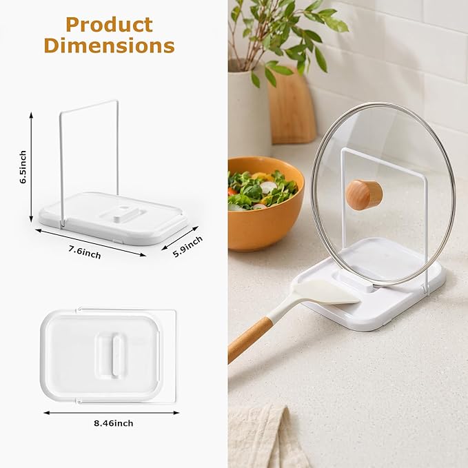 Pot Lid Holder with Spoon Rest for Stove Top and Kitchen Counter, Foldable Pot Lid Organizer with Non-Slip Pads for Lids, Spoons and Spatulas, White