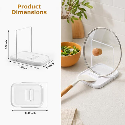 Pot Lid Holder with Spoon Rest for Stove Top and Kitchen Counter, Foldable Pot Lid Organizer with Non-Slip Pads for Lids, Spoons and Spatulas, White
