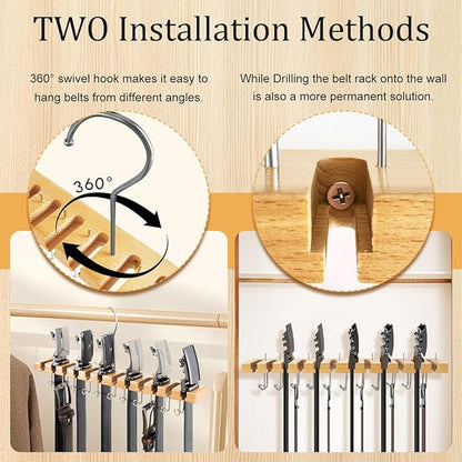 Wooden Belt Hanger for Closet 2-in-1 Wall Mount Belt Organizer Holder for Closet Organizer Storage, Ratchet Belt Rack Closet Accessories with 12 Slots & 11 Hooks