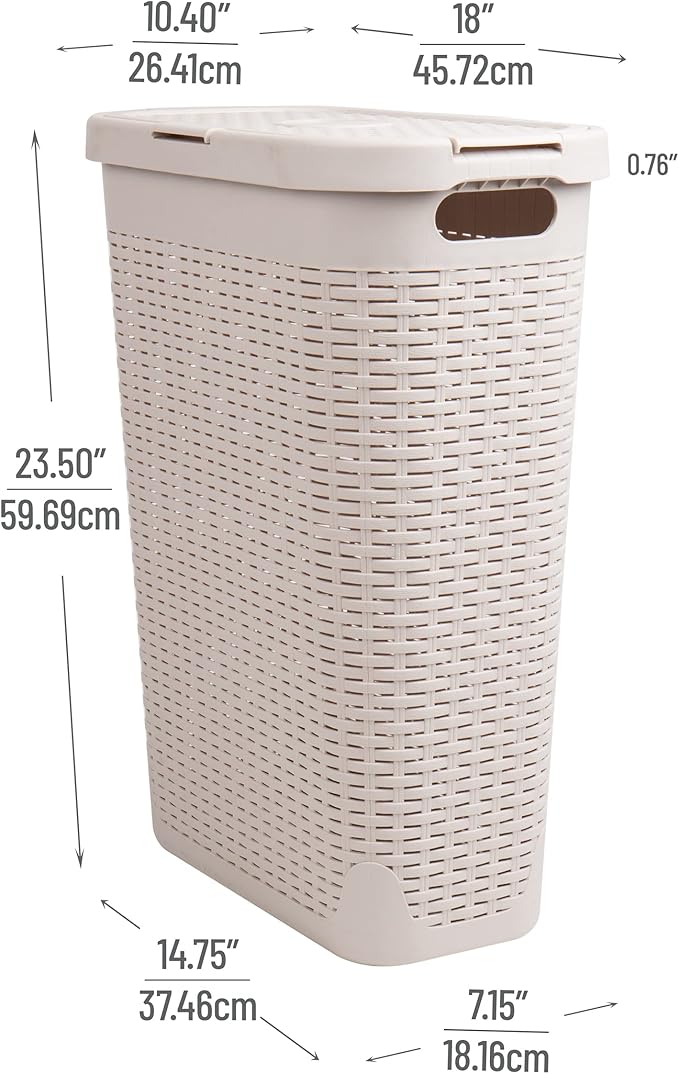 Mind Reader Slim Laundry Hamper with Lid, 40L Clothes Basket, Narrow Tapered Design with Ventilated Cutout Pattern, Plastic, Set of 2, Ivory