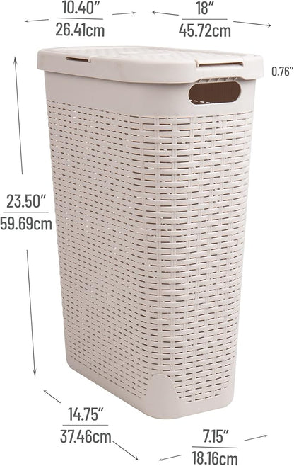 Mind Reader Slim Laundry Hamper with Lid, 40L Clothes Basket, Narrow Tapered Design with Ventilated Cutout Pattern, Plastic, Set of 2, Ivory