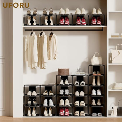 UFORU Vertical Shoe Rack, 9-Tier Plastic Stackable Storage Shelf for Small Closets and Narrow Spaces, Compact Free Standing Shoe Racks for Entryway Bedroom Dormitory