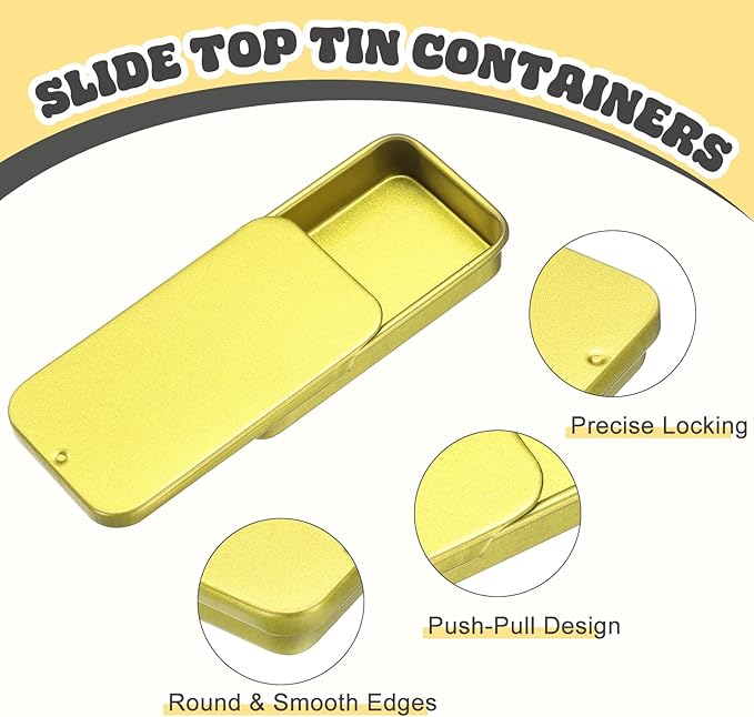 uxcell 8Pcs Slide Top Tin Containers, Mini Metal Empty Tins Box with Sliding Lids, 2.4"x1.3"x0.4" Rectangular Storage Organizers for Lip Balm, Solid Perfume, Small Items, Golden