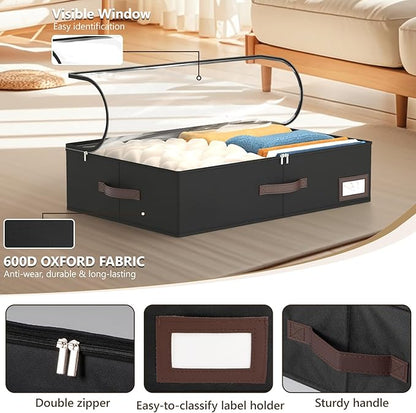 OIAHOMY 2 Pack Under Bed Storage with 4 Compression Bags, Underbed Organizers for Bedroom & Closet, Fits Beds Higher than 5.9", Space-Saving for Seasonal Clothes, Blankets & Shoes - Black