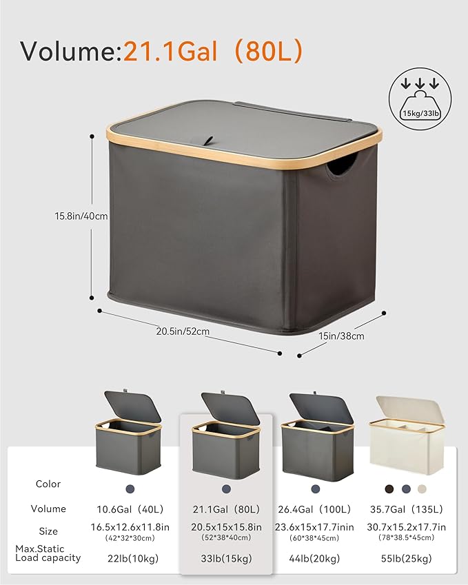 Storage Basket with Lid and Handles, 80L Fabric Bin for Shelf, Closet, Toy Organization, Collapsible Storage Organizer for Home, Grey