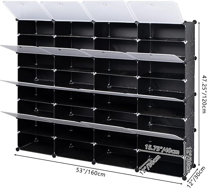 Shoe Rack Organizer, 16 Cube 8 Tier Covered Shoe Storage Cabinet 64 Pairs Freestanding DIY Shoe Shelves Plastic Shoes Rack for Closet Entryway Hallway Bedroom (Black3)