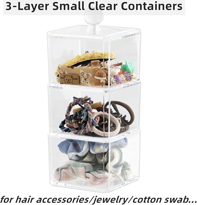 Clear Bathroom Dresser Organizer 3 Compartment with 1 Lid, Transparent Hair Accessories Organizer, Cotton Ball and Swab Holder, Small Plastic Storage Containers Vanity Makeup Organization (Clear Lid)
