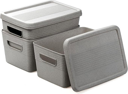 BINO | Plastic Storage Bins with Lids, 5 Liter - 3 Pack, Natural Grey | THE BRAIDED COLLECTION | Plastic Bins for Organization Woven Storage Baskets for Organizing Pantry Shelf Organizer Basket Bin