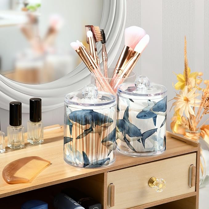 Fierce Sharks 4 Pack Plastic Storage Jar with Lid, Cotton Swabs Cans, Bathroom Canisters for Organizing Cotton Balls, Floss